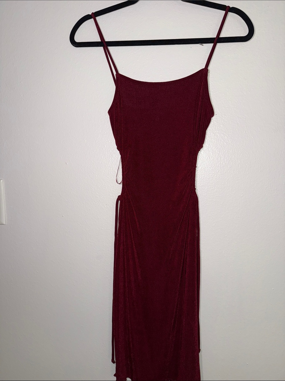 Women's Burgundy Slip Midi Dress - Elegant Spaghetti Strap
